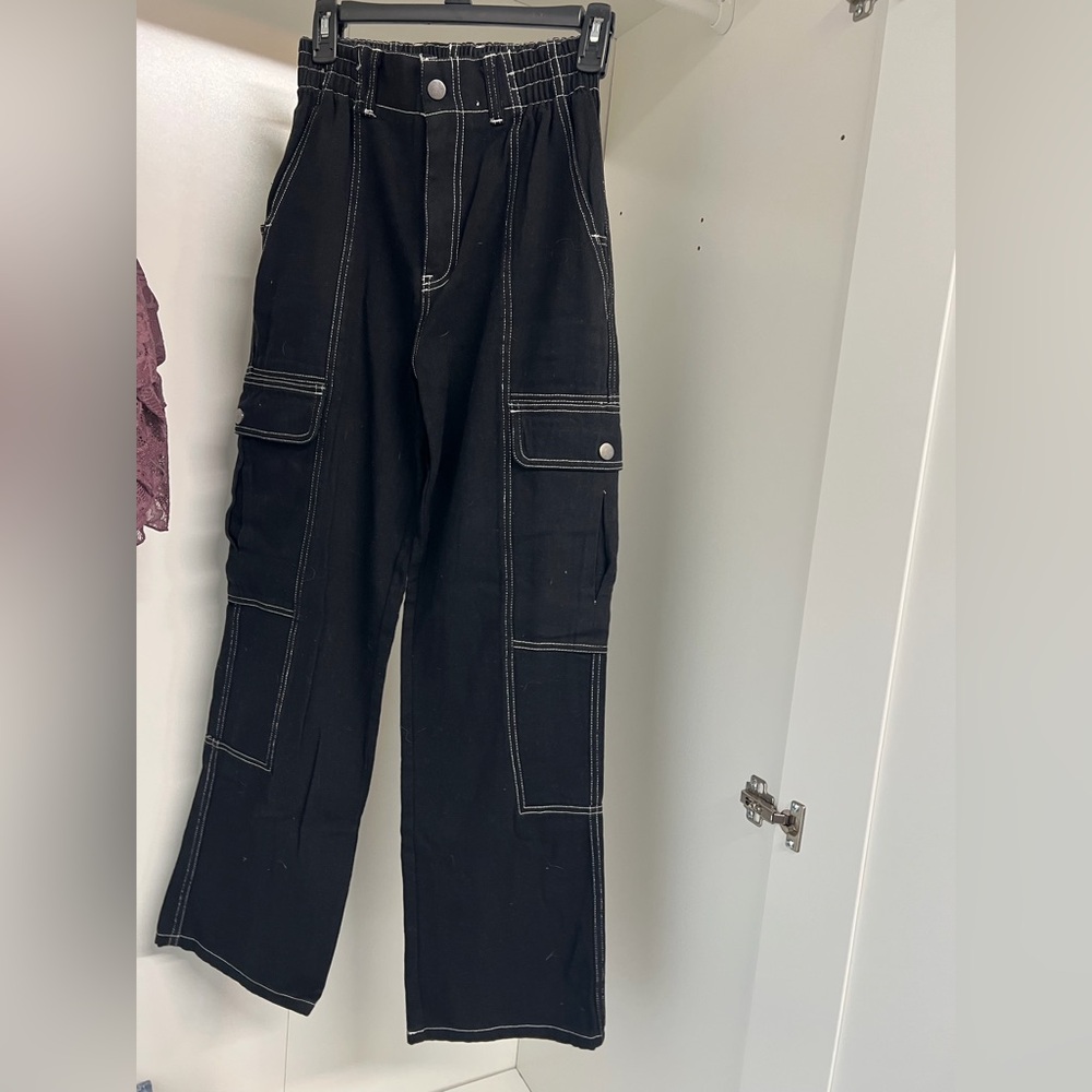 Black Cargo Pants with White Stitching